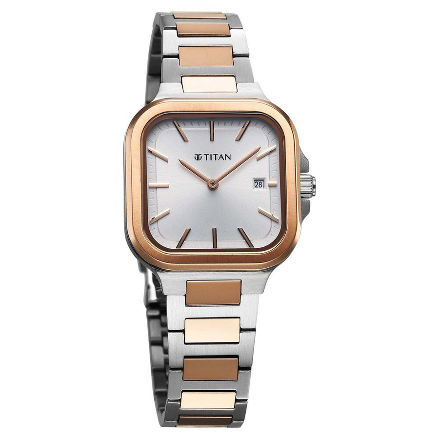 Titan Slim Square Quartz Alog with Date Silver Dial With Two Toned Color Stainless Steel Strap Watch For Women