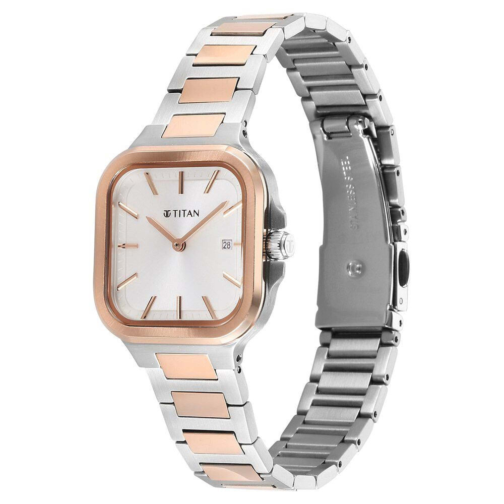 Titan Slim Square Quartz Alog with Date Silver Dial With Two Toned Color Stainless Steel Strap Watch For Women