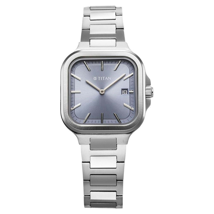 Titan Slim Square Quartz Alog with Date Blue Dial With Silver Color Stainless Steel Strap Watch For Women