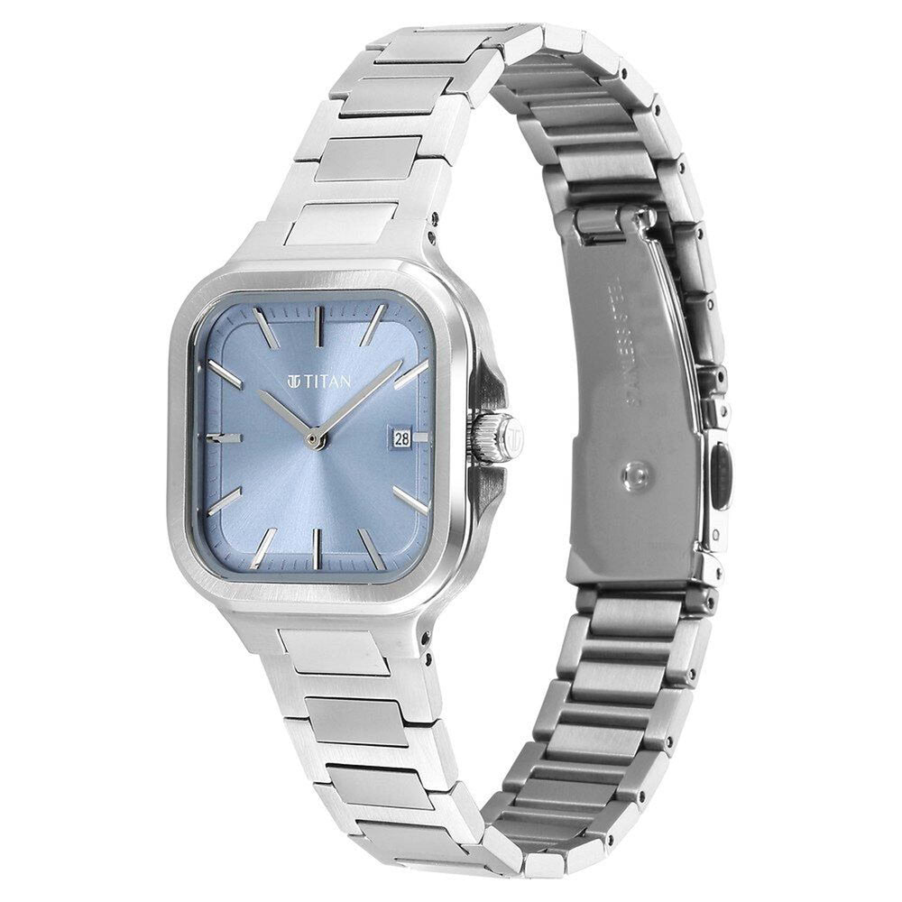 Titan Slim Square Quartz Alog with Date Blue Dial With Silver Color Stainless Steel Strap Watch For Women