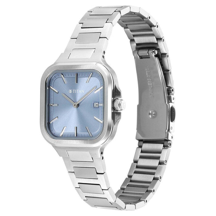 Titan Slim Square Quartz Alog with Date Blue Dial With Silver Color Stainless Steel Strap Watch For Women