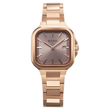 Titan Slim Square Quartz Alog with Date Lavender Dial With Rose Gold Color Stainless Steel Strap Watch For Women