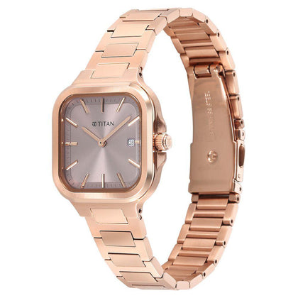Titan Slim Square Quartz Alog with Date Lavender Dial With Rose Gold Color Stainless Steel Strap Watch For Women