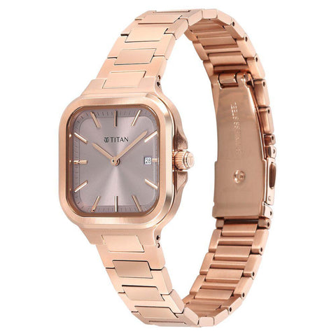 Titan Slim Square Quartz Alog with Date Lavender Dial With Rose Gold Color Stainless Steel Strap Watch For Women