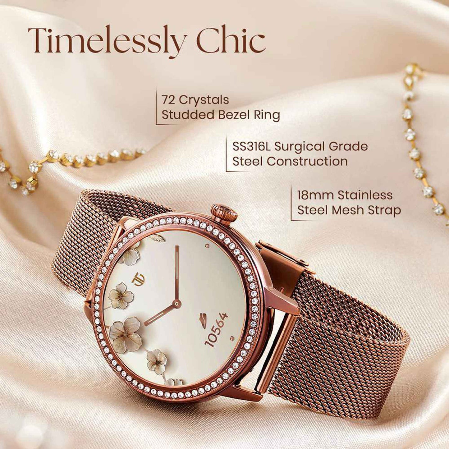 Titan Valerie Premium Smartwatch with All 316L SS construction, Skin Temp. Sensor, Women’s Health, SingleSync BT Calling