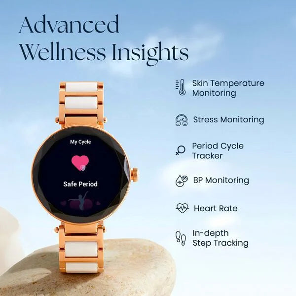 Titan Elixir with All 316L SS construction, 3.04 CM AMOLED Display, BT Calling, Skin Temperature Sensor, Womens Health 95293WD01