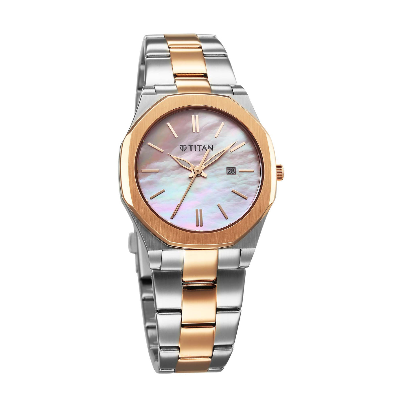 Titan Workday Wonders Quartz Analog with Date Pink Mother Of Pearl Dial Stainless Steel Strap Watch For Women