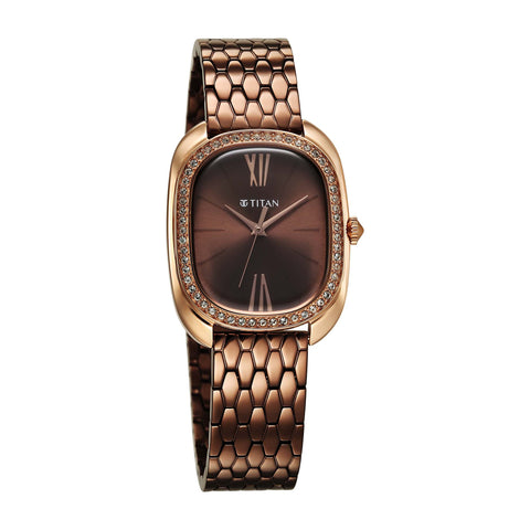 Titan Glamour Quartz Analog Brown Dial Brown Stainless Steel Strap Watch For Women