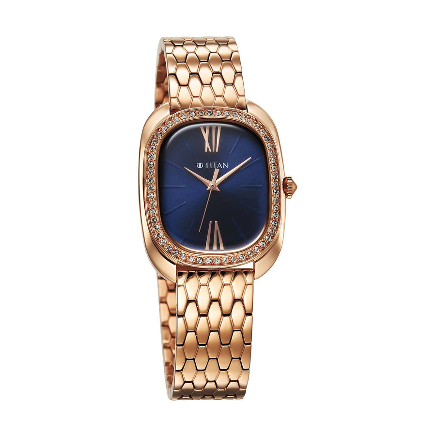 Titan Glamour Quartz Analog Blue Dial Rose Gold Stainless Steel Strap Watch For Women