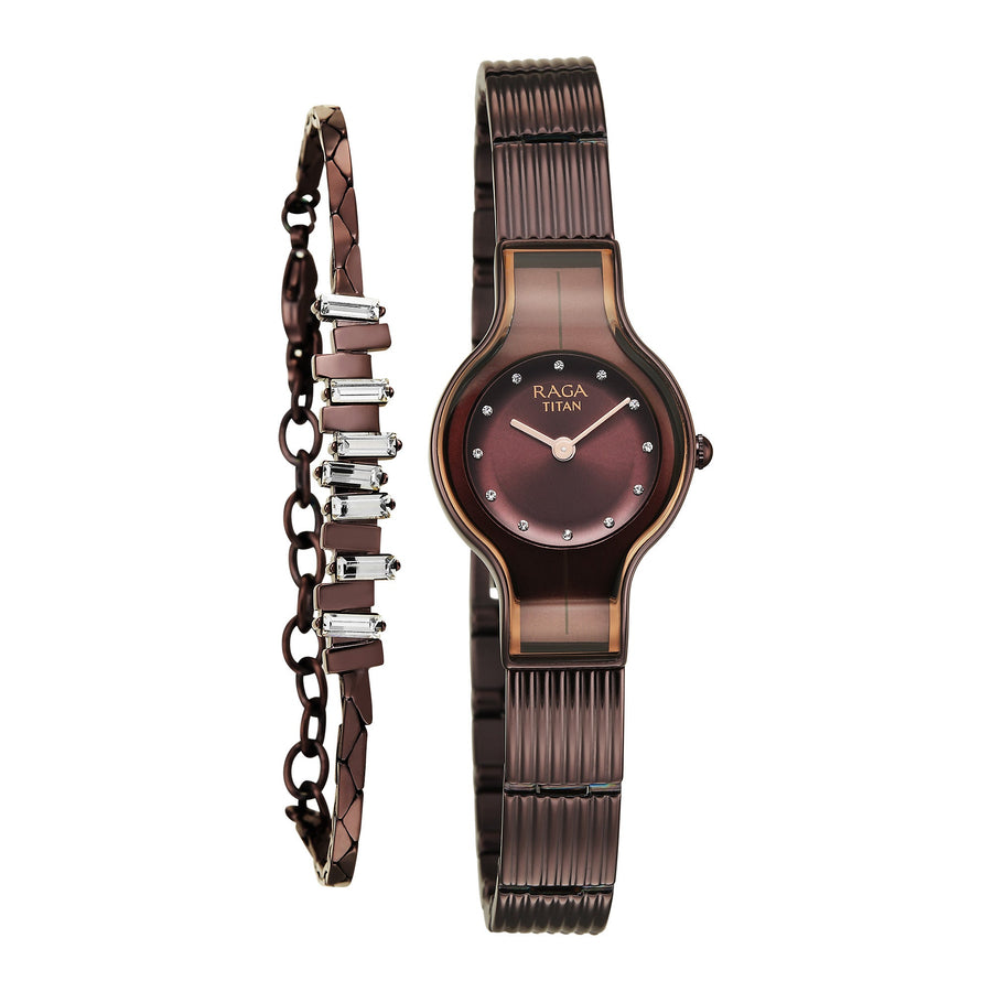 Titan Raga Glimmers Brown Dial Metal Strap Analog Watch for Women