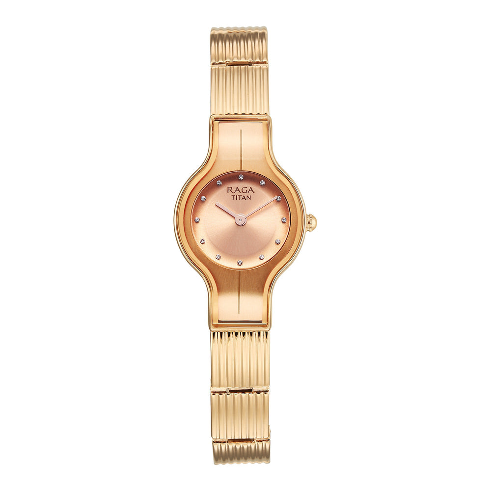 Titan Raga Glimmers Rose Gold Dial Metal Strap Analog Watch for Women