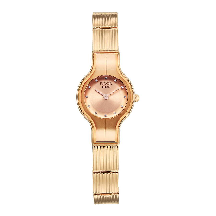 Titan Raga Glimmers Rose Gold Dial Metal Strap Analog Watch for Women