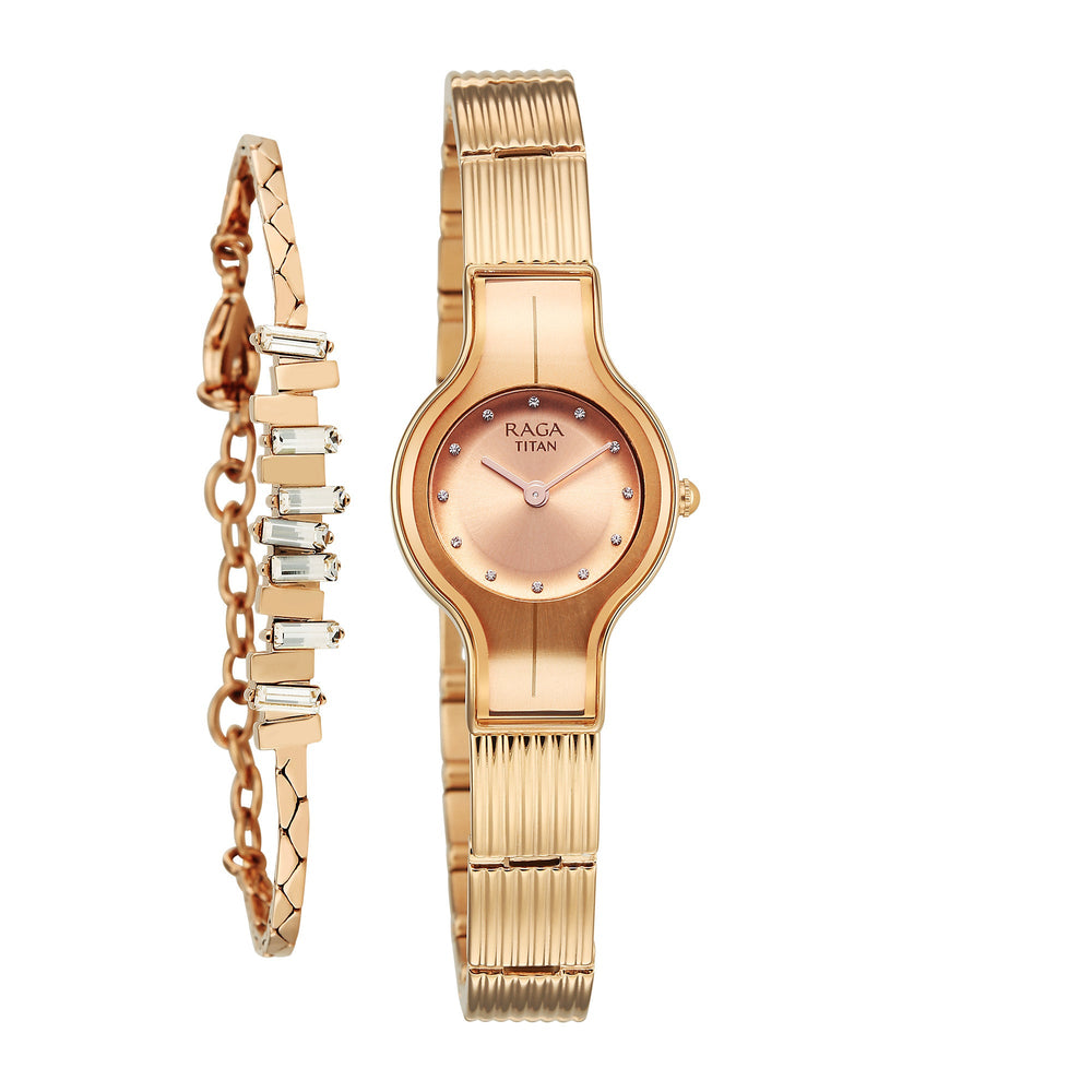 Titan Raga Glimmers Rose Gold Dial Metal Strap Analog Watch for Women
