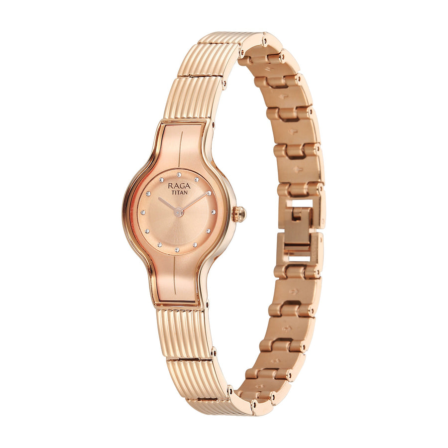 Titan Raga Glimmers Rose Gold Dial Metal Strap Analog Watch for Women