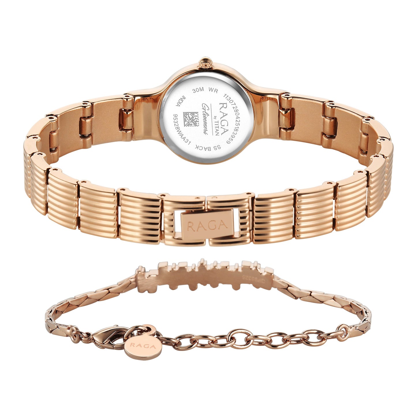 Titan Raga Glimmers Rose Gold Dial Metal Strap Analog Watch for Women