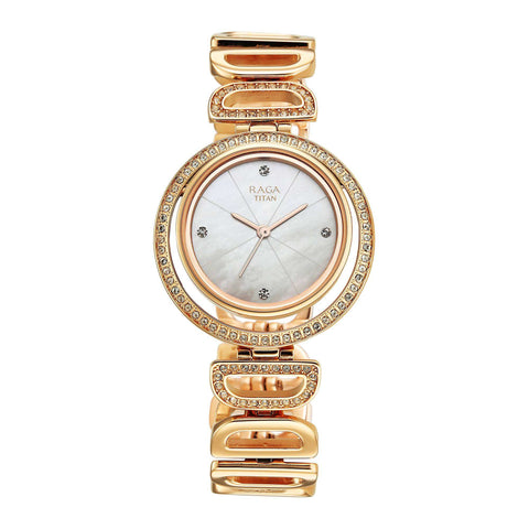 Titan Raga Glimmers Quartz Analog Mother of Pearl Dial Rose Gold Metal Strap Watch For Women 95329WM01F