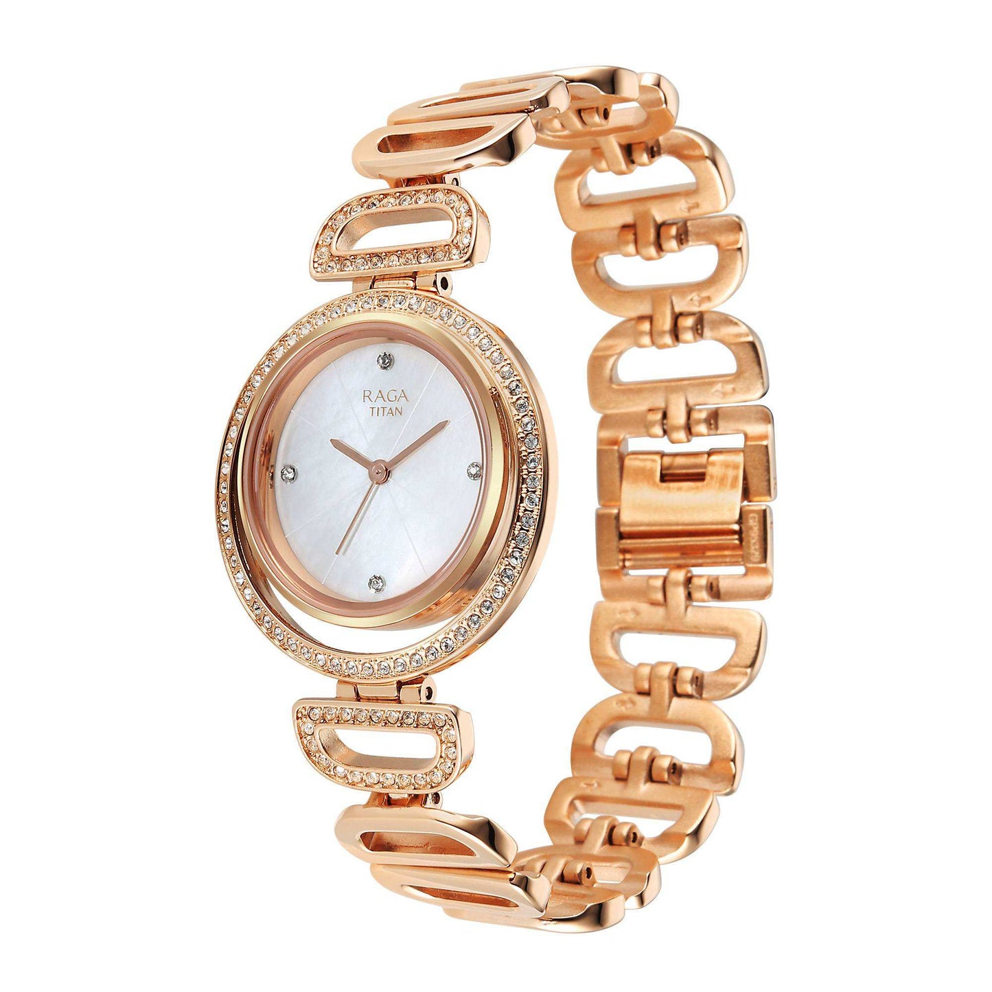 Titan Raga Glimmers Quartz Analog Mother of Pearl Dial Rose Gold Metal Strap Watch For Women 95329WM01F