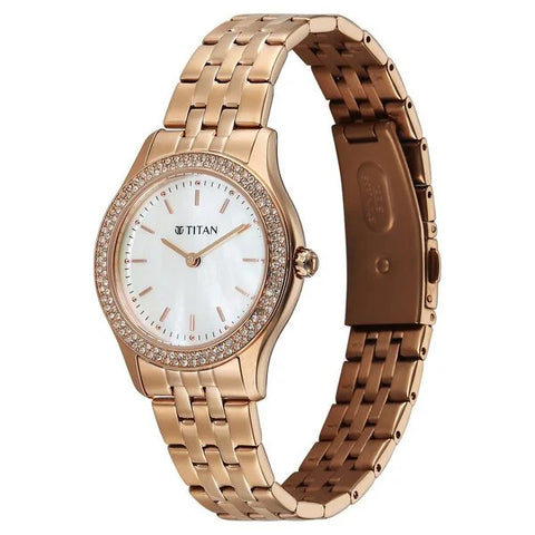 Titan Glamour Quartz Analog White Mother Of Pearl Dial Rose Gold Stainless Steel Strap Watch For Women