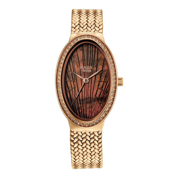 Titan Raga Glimmers Brown Mother of Pearl Oval Dial Rose Gold Metal Strap Analog Watch for Women