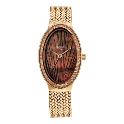 Titan Raga Glimmers Brown Mother of Pearl Oval Dial Rose Gold Metal Strap Analog Watch for Women