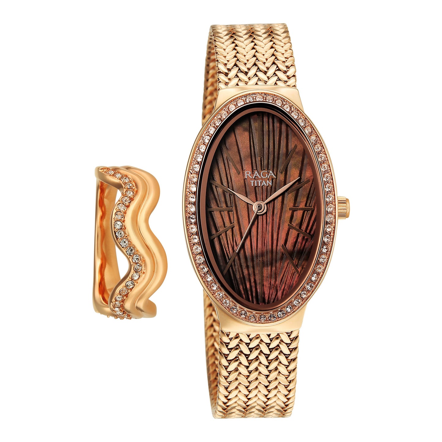 Titan Raga Glimmers Brown Mother of Pearl Oval Dial Rose Gold Metal Strap Analog Watch for Women