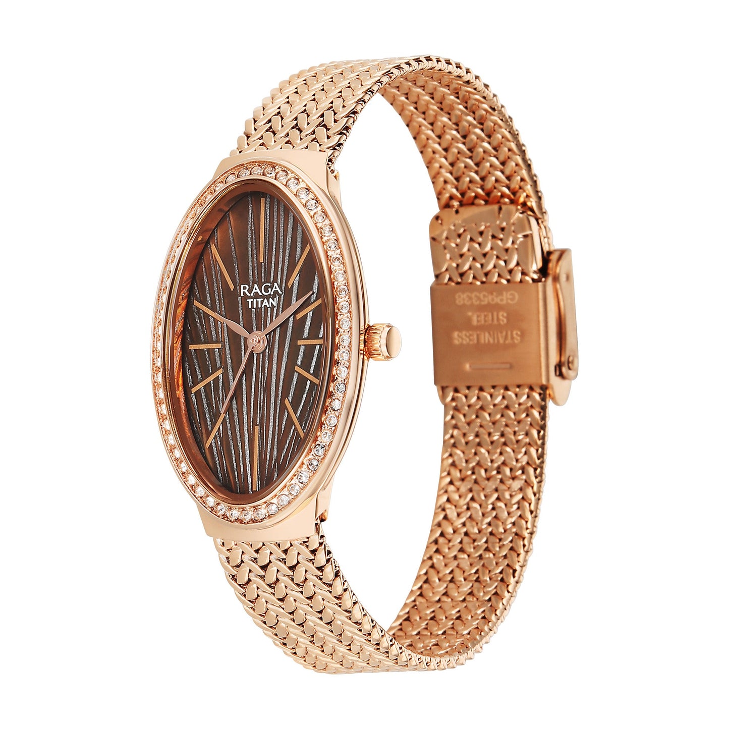 Titan Raga Glimmers Brown Mother of Pearl Oval Dial Rose Gold Metal Strap Analog Watch for Women