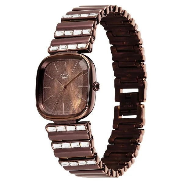 Titan Raga Glimmers Brown Mother of Pearl Square Dial Metal Strap Analog Watch for Women