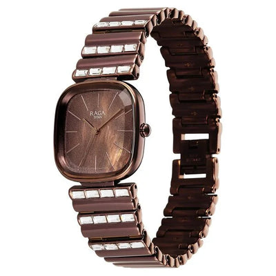 Titan Raga Glimmers Brown Mother of Pearl Square Dial Metal Strap Analog Watch for Women
