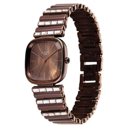 Titan Raga Glimmers Brown Mother of Pearl Square Dial Metal Strap Analog Watch for Women