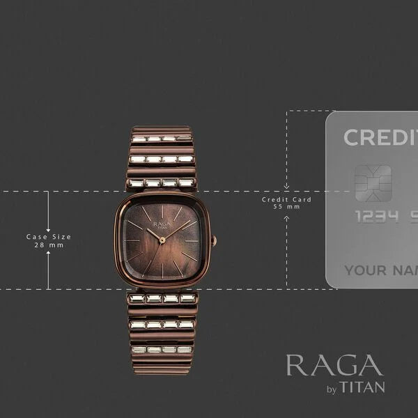Titan Raga Glimmers Brown Mother of Pearl Square Dial Metal Strap Analog Watch for Women