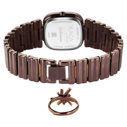 Titan Raga Glimmers Brown Mother of Pearl Square Dial Metal Strap Analog Watch for Women