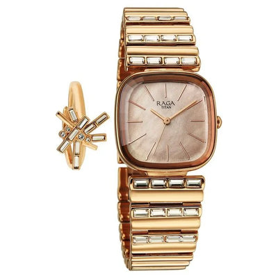 Titan Raga Glimmers Rose Gold Square Dial Metal Strap Watch for Women