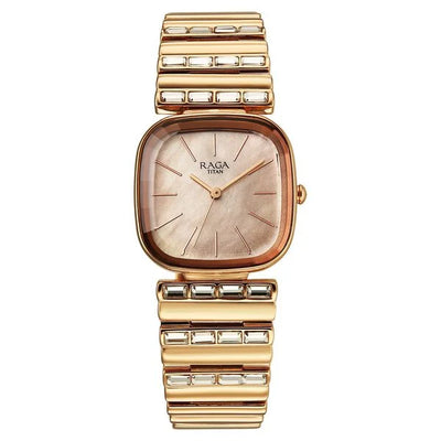 Titan Raga Glimmers Rose Gold Square Dial Metal Strap Watch for Women