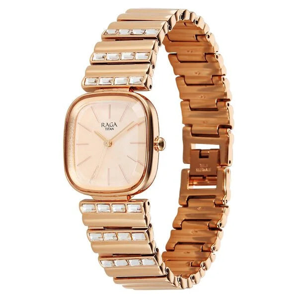 Titan Raga Glimmers Rose Gold Square Dial Metal Strap Watch for Women