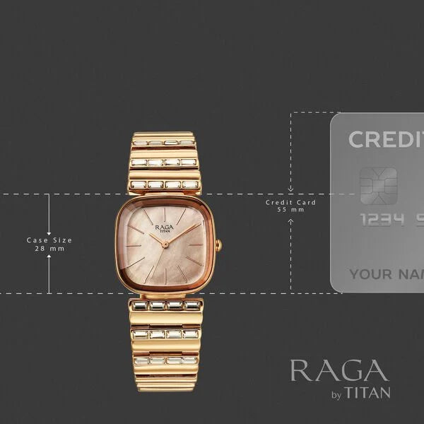 Titan Raga Glimmers Rose Gold Square Dial Metal Strap Watch for Women