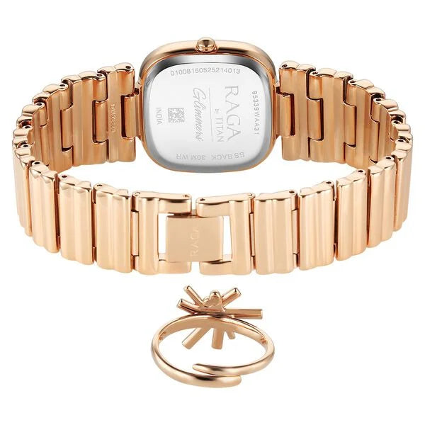 Titan Raga Glimmers Rose Gold Square Dial Metal Strap Watch for Women