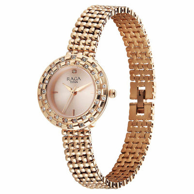 Titan Raga Showstopper Quartz Analog Rose Gold Dial Metal Strap Watch For Women