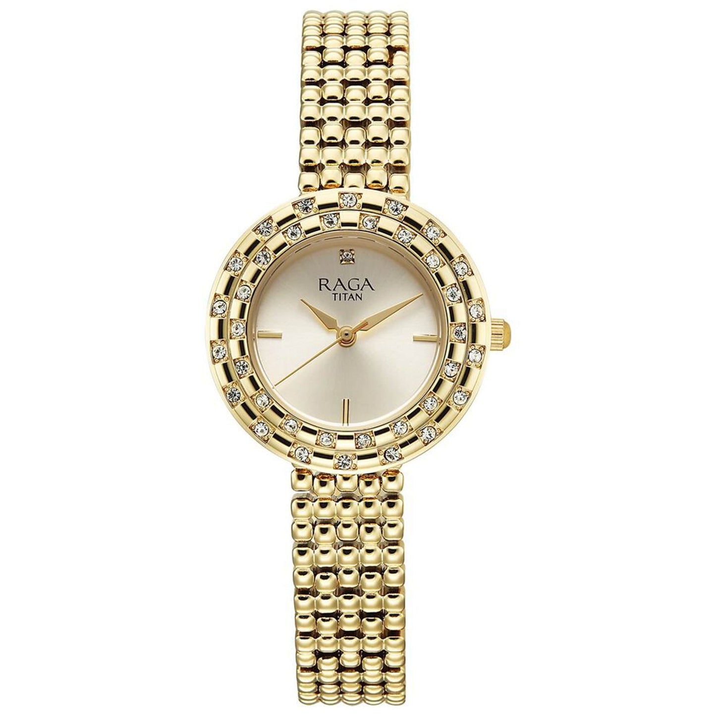 Titan Raga Champagne Rectangular Dial Golden Metal Strap Analog Quartz Watch for Women
