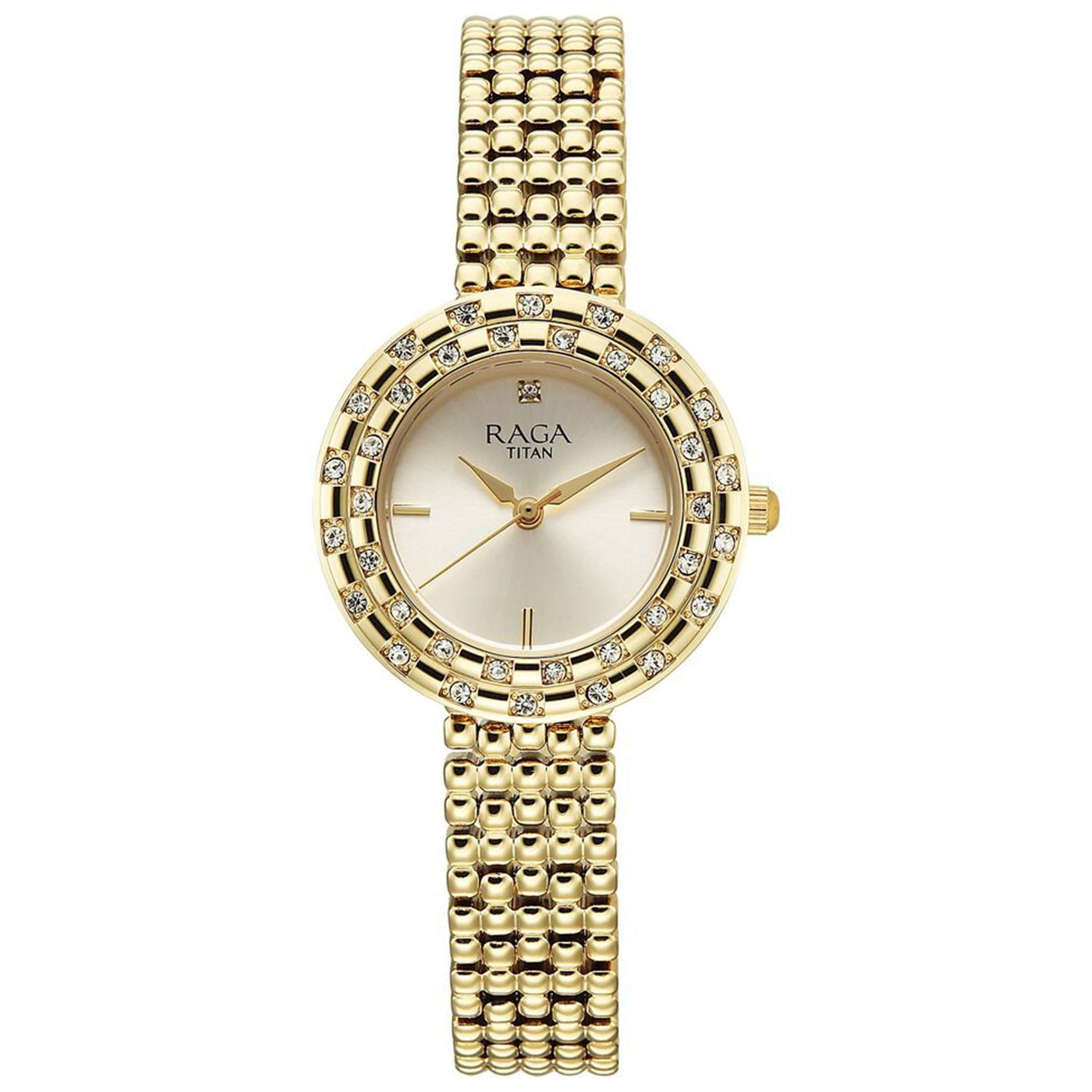 Titan Raga Champagne Rectangular Dial Golden Metal Strap Analog Quartz Watch for Women