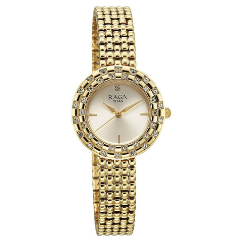 Titan Raga Champagne Rectangular Dial Golden Metal Strap Analog Quartz Watch for Women