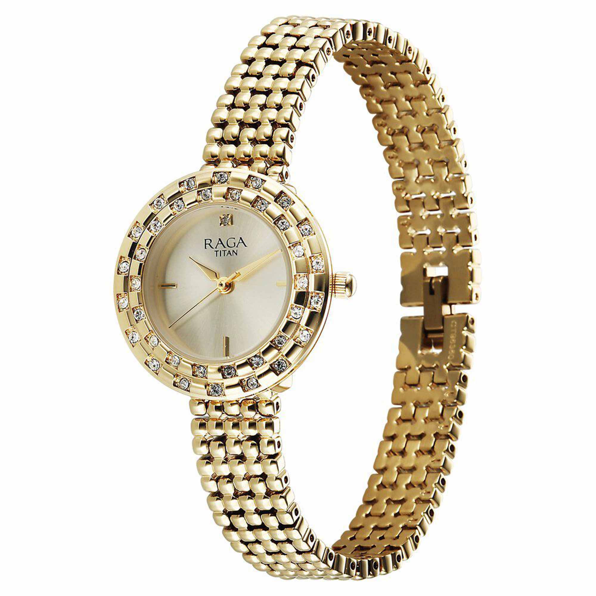 Titan Raga Champagne Rectangular Dial Golden Metal Strap Analog Quartz Watch for Women
