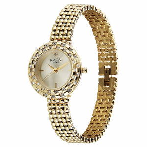 Titan Raga Champagne Rectangular Dial Golden Metal Strap Analog Quartz Watch for Women