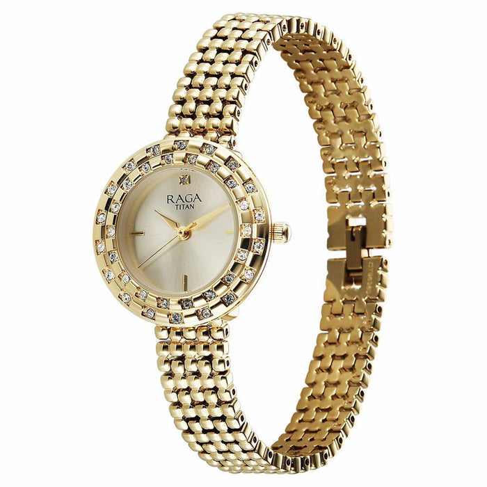 Titan Raga Champagne Rectangular Dial Golden Metal Strap Analog Quartz Watch for Women