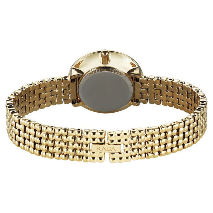 Titan Raga Champagne Rectangular Dial Golden Metal Strap Analog Quartz Watch for Women