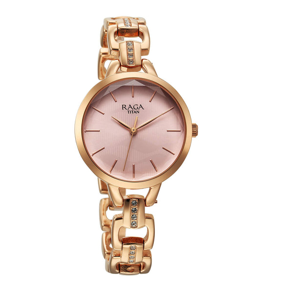 Titan Raga Showstopper Quartz Analog Rose Gold Dial Metal Strap Watch For Women