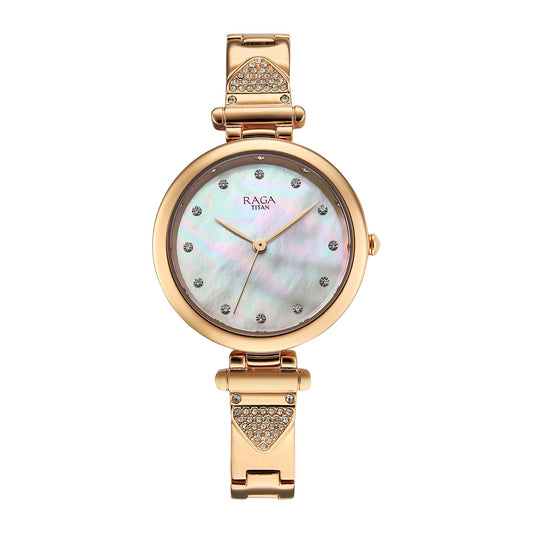 Titan Raga Glimmers Quartz Analog Mother of Pearl Dial Rose Gold Metal Strap Watch For Women