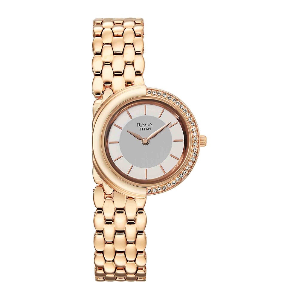 Titan Raga Grey Dial Rose Gold Metal Strap Analog Watch for Women