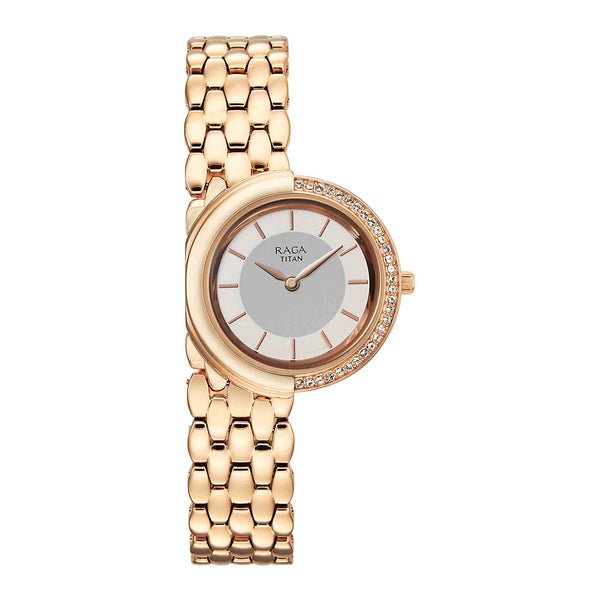 Titan Raga Grey Dial Rose Gold Metal Strap Analog Watch for Women