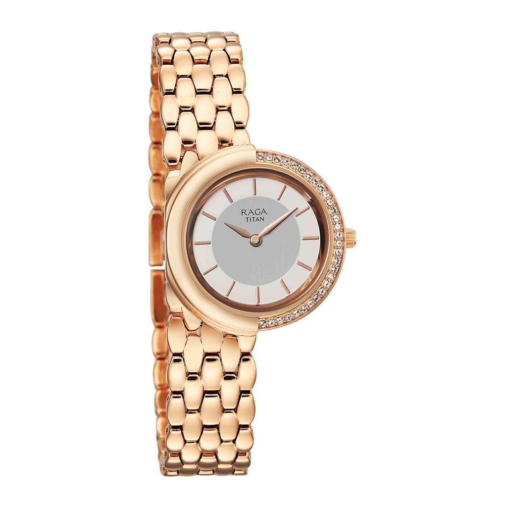 Titan Raga Grey Dial Rose Gold Metal Strap Analog Watch for Women