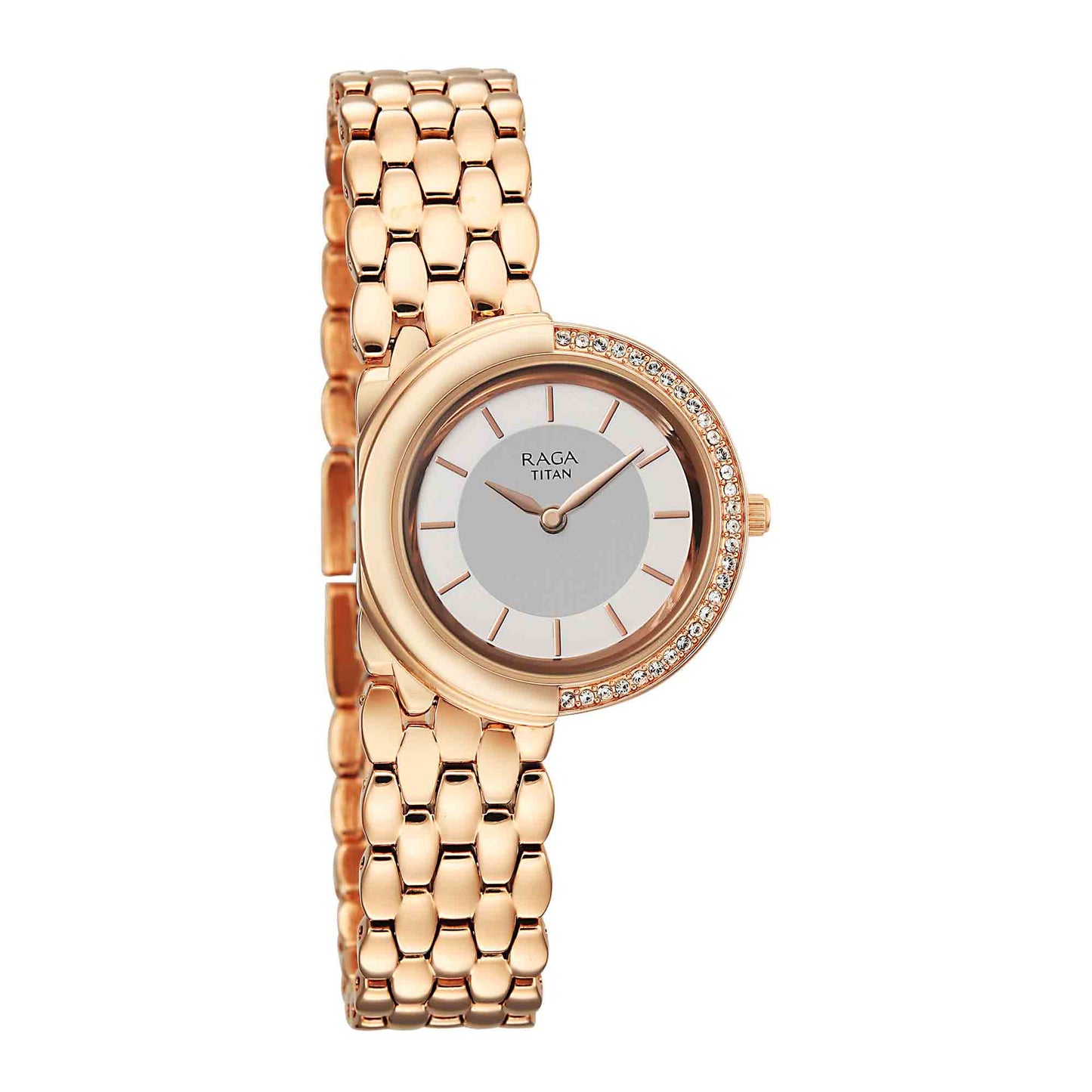 Titan Raga Grey Dial Rose Gold Metal Strap Analog Watch for Women